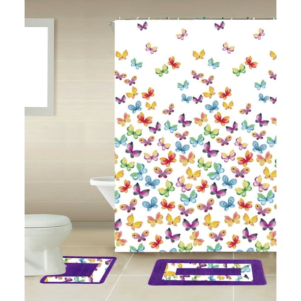 15PC BUTTERFLY PRINT BATHROOM SET 2 BATH MATS 1 SHOWER CURTAIN & WITH RINGS NEW 15PC BUTTERFLY PRINT BATHROOM SET 2 BATH MATS 1 SHOWER CURTAIN & WITH RINGS NEW